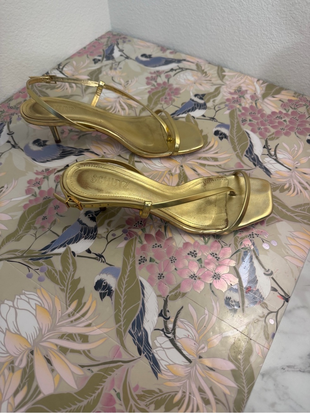 SCHUTZ Metallic Gold Strappy Square-Toe Heels - Picture 4 of 5